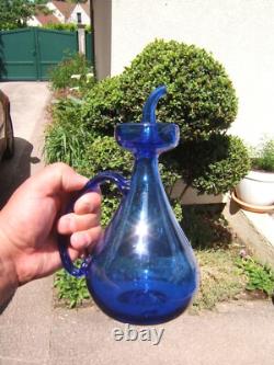 Art populaire ancienne bouteille Burette à huile en verre soufflé bleu cobalt