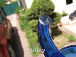 Art populaire ancienne bouteille Burette à huile en verre soufflé bleu cobalt