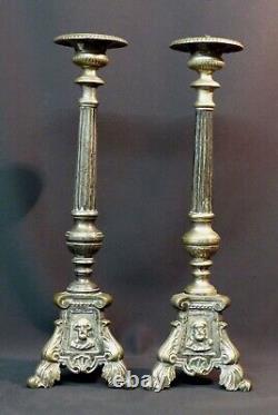 B 19èm paire bougeoirs candélabre pique-cierge 40cm2,1kg bronze argenté église