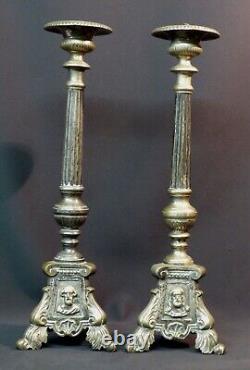 B 19èm paire bougeoirs candélabre pique-cierge 40cm2,1kg bronze argenté église