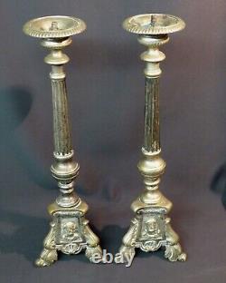 B 19èm paire bougeoirs candélabre pique-cierge 40cm2,1kg bronze argenté église