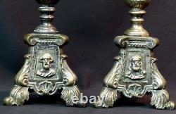 B 19èm paire bougeoirs candélabre pique-cierge 40cm2,1kg bronze argenté église