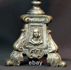 B 19èm paire bougeoirs candélabre pique-cierge 40cm2,1kg bronze argenté église
