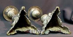 B 19èm paire bougeoirs candélabre pique-cierge 40cm2,1kg bronze argenté église