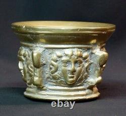 B 19ème ancien beau Mortier coupe 1.5kg bronze doré médaillon