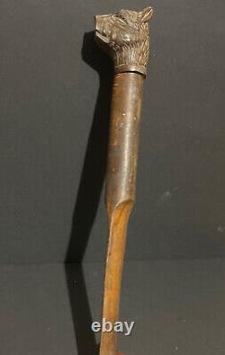 Baton sculpté tête de chien outil ancien sculpture bois & sulfure animal XIXème
