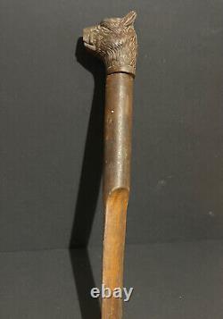 Baton sculpté tête de chien outil ancien sculpture bois & sulfure animal XIXème