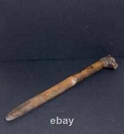 Baton sculpté tête de chien outil ancien sculpture bois & sulfure animal XIXème