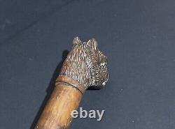 Baton sculpté tête de chien outil ancien sculpture bois & sulfure animal XIXème