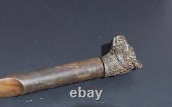 Baton sculpté tête de chien outil ancien sculpture bois & sulfure animal XIXème