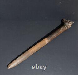 Baton sculpté tête de chien outil ancien sculpture bois & sulfure animal XIXème