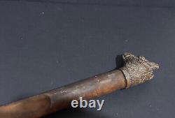 Baton sculpté tête de chien outil ancien sculpture bois & sulfure animal XIXème