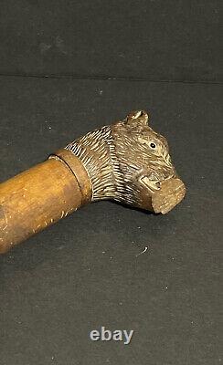 Baton sculpté tête de chien outil ancien sculpture bois & sulfure animal XIXème