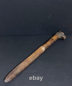 Baton sculpté tête de chien outil ancien sculpture bois & sulfure animal XIXème