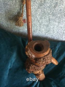 Big carved wooden pipe with sculpted head, art populaire, trench art art brut