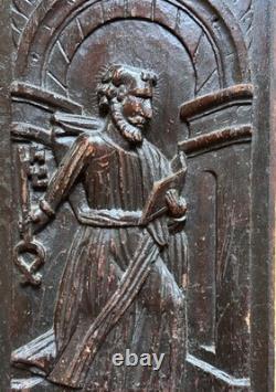 Bois sculpté ancien Retable Saint pierre Paradis Chêne Gothique 1600