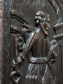 Bois sculpté ancien Retable Saint pierre Paradis Chêne Gothique 1600