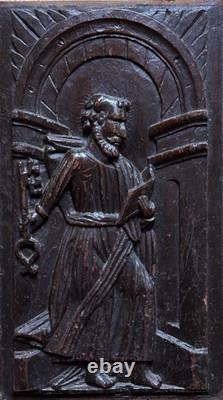 Bois sculpté ancien Retable Saint pierre Paradis Chêne Gothique 1600