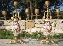 -Bougeoirs Paire de Candélabres Satsuma monté Bronze antique Candleholders
