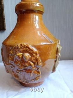 Bouteille terre cuite vernissée ancienne 18eme 19eme Art Populaire Medaillons