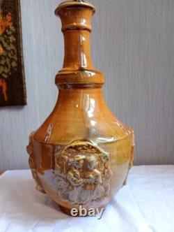 Bouteille terre cuite vernissée ancienne 18eme 19eme Art Populaire Medaillons