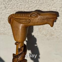 CANNE Bois Sculpté SERPENT LÉZARD OISEAU CHAMOIS Art Populaire