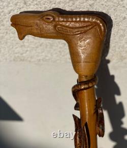 CANNE Bois Sculpté SERPENT LÉZARD OISEAU CHAMOIS Art Populaire