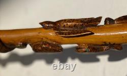 CANNE Bois Sculpté SERPENT LÉZARD OISEAU CHAMOIS Art Populaire