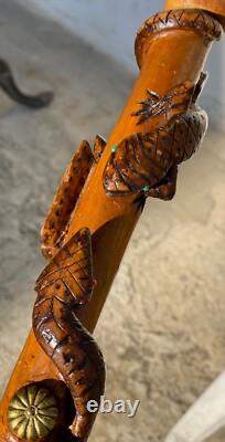 CANNE Bois Sculpté SERPENT LÉZARD OISEAU CHAMOIS Art Populaire