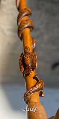 CANNE Bois Sculpté SERPENT LÉZARD OISEAU CHAMOIS Art Populaire