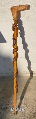 CANNE Bois Sculpté SERPENT LÉZARD OISEAU CHAMOIS Art Populaire