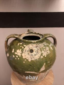 CRUCHE 3 ANSES SANS BEC TERRE CUITE VERNISSEE VERTE XIXe CHAPELLE DES POTS 17