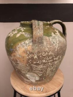 CRUCHE 3 ANSES SANS BEC TERRE CUITE VERNISSEE VERTE XIXe CHAPELLE DES POTS 17