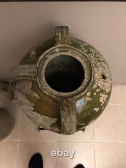CRUCHE 3 ANSES SANS BEC TERRE CUITE VERNISSEE VERTE XIXe CHAPELLE DES POTS 17