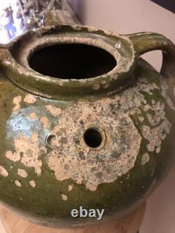 CRUCHE 3 ANSES SANS BEC TERRE CUITE VERNISSEE VERTE XIXe CHAPELLE DES POTS 17