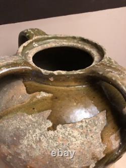 CRUCHE 3 ANSES SANS BEC TERRE CUITE VERNISSEE VERTE XIXe CHAPELLE DES POTS 17