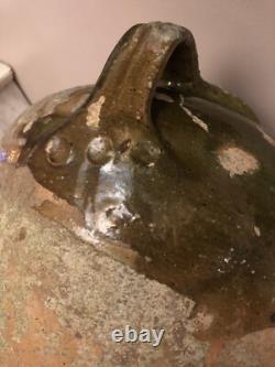 CRUCHE 3 ANSES SANS BEC TERRE CUITE VERNISSEE VERTE XIXe CHAPELLE DES POTS 17