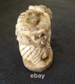 Cachet Chinois Statuette Chien de Fô sculpté en os de bouf 19e