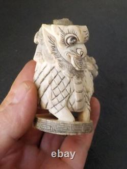 Cachet Chinois Statuette Chien de Fô sculpté en os de bouf 19e