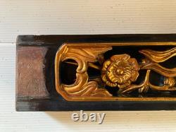 Cadre bois sculpté doré laque noire CHINE écriture fleur boiserie mobilier XIX