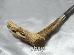 Canne Dandy Pommeau Cervide Sculpte Fut Bois Bague Argent Antique Walking Stick