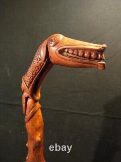 Canne Populaire Monoxyle Chien Ou Loup Grotesque En Buis 19 Eme