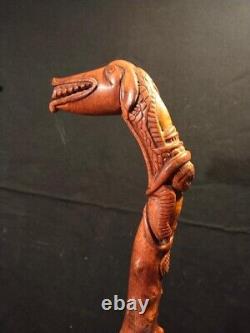 Canne Populaire Monoxyle Chien Ou Loup Grotesque En Buis 19 Eme