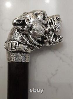Canne ancienne argent massif pommeau Bulldog Animalier. PROSPER LECOURTIER
