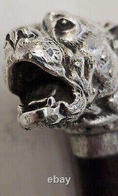 Canne ancienne argent massif pommeau Bulldog Animalier. PROSPER LECOURTIER