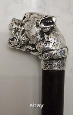 Canne ancienne argent massif pommeau Bulldog Animalier. PROSPER LECOURTIER