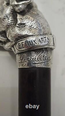 Canne ancienne argent massif pommeau Bulldog Animalier. PROSPER LECOURTIER