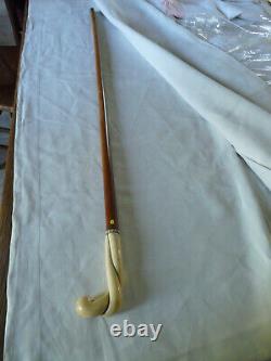 Canne ancienne collection poignée os sculpté torsadé gravé De Huppy et Abbevile