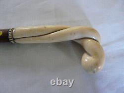 Canne ancienne collection poignée os sculpté torsadé gravé De Huppy et Abbevile