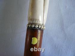 Canne ancienne collection poignée os sculpté torsadé gravé De Huppy et Abbevile